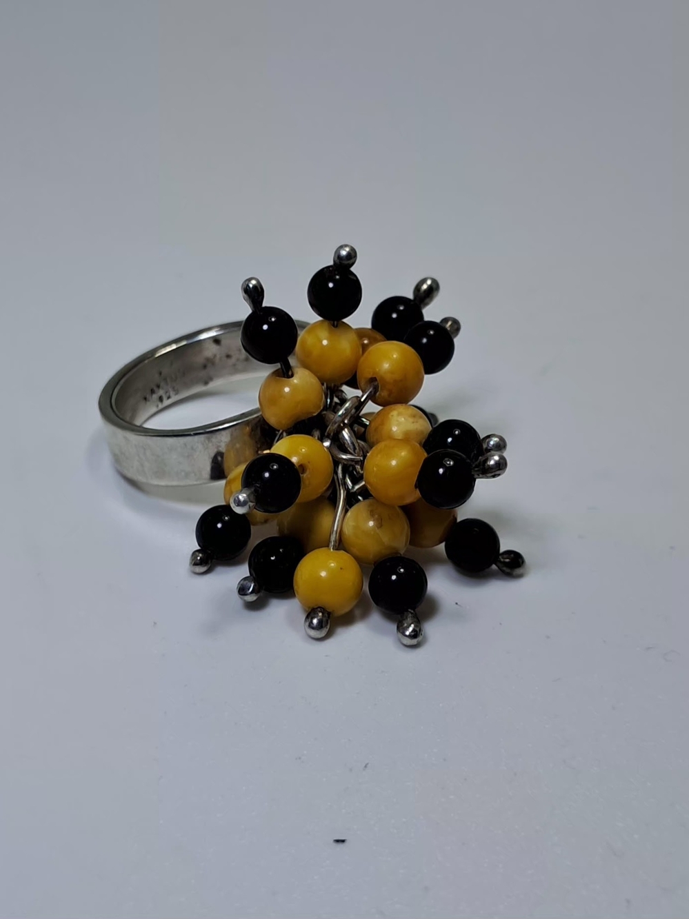 Vintage KAKTUS 925 Sterling Silver Baltic Amber Bead Cluster Statement Ring Sz 5